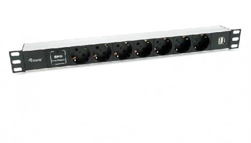 Steckdosenleiste aus Aluminium, 48,3 cm (19 Zoll), mit 7 Schuko-Steckdosen und 2 USB-Anschlüssen, inklusive SPD-Schutz, ideal für Racks.