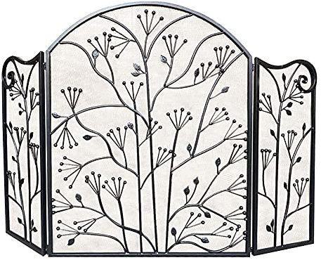 Kaminschutzgitter, Kaminschirm, Kaminschirm, 3-teiliges Dekordesign, Kaminzaun mit Blättermuster, Antik-Finish im Used-Look, FireGua