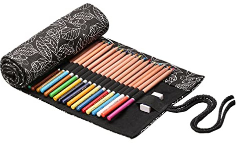 DOITOOL Praktische Rollbare Stifteaufbewahrung aus Canvas mit 48 Fächern Großes Fassungsvermögen und Elegantem Muster zum Zeichnen und Malen