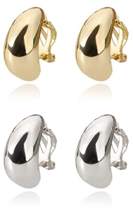 2 Pairs Clip on Chunky Earrings for Women Non Piercing Gold/Silver Clip-on Hoop Earrings Fake Piercing Earings for Non Pierced Ears
