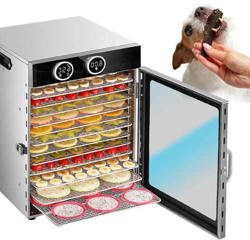 agreilduite Kommerzieller Dörrautomat mit 12 Einschüben, 1200 W Edelstahl-Trockner, Temperaturregelung 30–90 °C, 24-Stunden-Timer, mit 12 Einschüben, 12 Dörrfolien, 2 Auffangschalen, Handschuhen