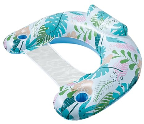 Aufblasbarer Poolstuhl Erwachsene Schwimmender Pool Sessel mit Getränkehalter, Palmenblatt Aufblasbar Pool-Liegestühle Wasserhängematte Schwimmstuhl für Sommer-Wasserparty, 115x85cm