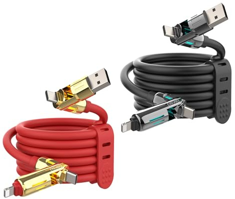 MFish 2-Pack 240W 4-in-1 Multi Charging Cable, Black+Red, 6.6FT | Carrying Case, USB-A & USB-C to USB-C/Lightning, For iPhone 17/16/15/14, MacBook, iPad, Laptop, Samsung S25/S24