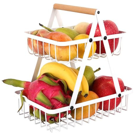 NUWIQ Corbeille à fruits, 2 Étages Corbeille à Fruits et Légumes, Panier à Fruit Amovible, Panier en Maille Métallique, pour Fruits Légumes Snacks Panier Rangement Cuisine Maison, Blanc