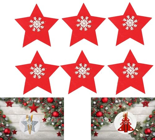 Will Like 6er,PackWeihnachtsBesteckhalterausFilz,BestecktascheninSternform,Besteckhalter,inWeihnachtsbaumform,Tischdekoration ((roter Stern))