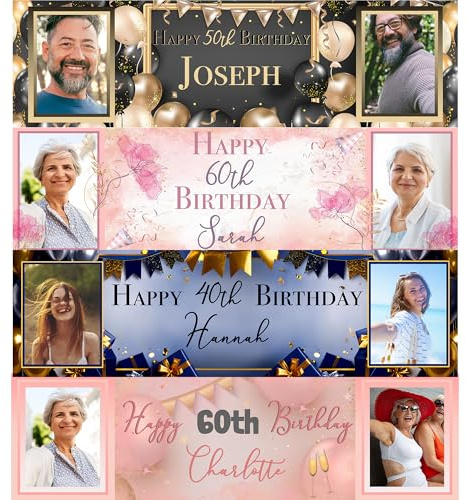 Cartel de cumpleaños personalizado con imagen, decoración de fiesta personalizada, pancarta de feliz cumpleaños, 152 x 43 cm, personalizable para todas las edades, rosa, grande