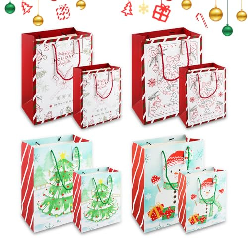 8 Stück Geschenktüten Weihnachten Papier, SilverChry Weihnachtsgeschenktüten Set, 2 Größen Weihnachtstüten Papiertüten mit Griff, Weihnachts Geschenktaschen, Wweihnachtliche Geschenktüten Groß