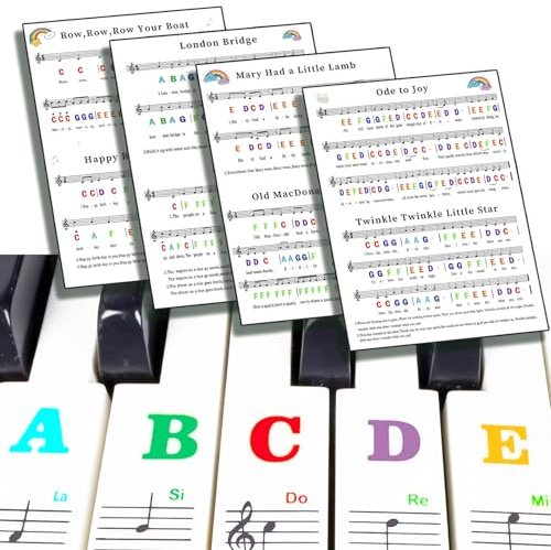 Klaviertastatur-Aufkleber mit Klavier-Akkord-Diagramm, für 88/61/54/49 Tasten, Notenbuchstaben, Etiketten für Anfänger und junge Kinder (Farbige Aufkleber + Noten)