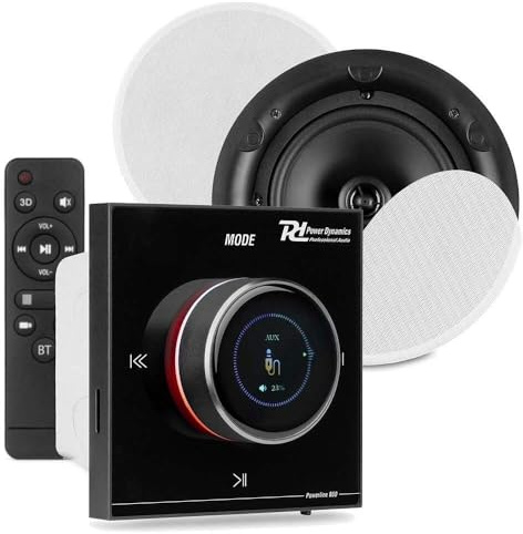 Power Dynamics Powerline B50BSet Amplificateur Mural Stéréo 2x25W Noir avec 2 Enceintes de Plafond 6,5 Blanches, Installation Discrète, Idéale Maison et Pro