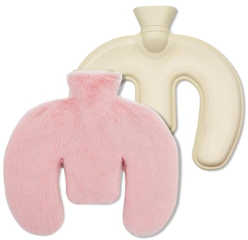 Varmvattenflaska hals och axel, 1 l U-formad halsvärmare flaska med mjukt överdrag, läckagesäker och hållbar för värmeterapi vid spänningar (rosa)