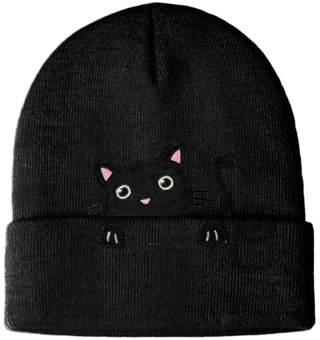 ACKKOR Stickad Mössa med Kattbrodyr, Present till Kattälskare, Elastisk Vintermössa för Kvinnor och Flickor (Svart)