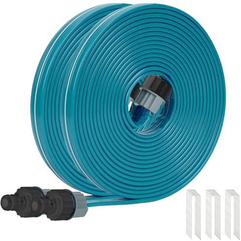 KOBAZ Sprinkler Soaker Hose 7.5 m 2 Pack, Flat Perforated Drip Irrigation Hose with Garden Pegs, Fine Mist Watering Pipe for Lawn, Large Gardens