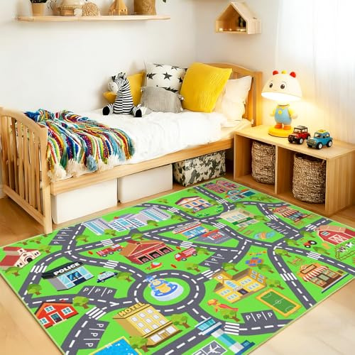 Rezutan Spielmatte für Kinder, waschbar, Kinderteppich für Spielzimmer, Schlafzimmer, Verkehrskarte, Teppich, rutschfeste Auto-Spielmatten für Kinder, Jungen, Mädchen, Lernbereich, 120 x 160 cm