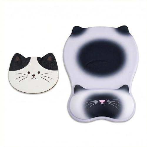 Nivofu Tapis de Souris Ergonomique, Tapis Souris Ergonomique, 28mm Mousepad avec Remplissage en Mousse à Mémoire pour Ordinateur, Bureau, Travail, Comprend Un Dessous de Verre (Chat Crème)