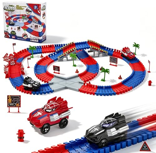 Spider Rennbahn Set 212 Teile – Flexible Autorennbahn Spielzeug ab 3 4 5 6 7 8 Jahre Junge, DIY Track Construction Kit mit 2 Elektroautos, Kinder Weihnachten Geburtstag Geschenk
