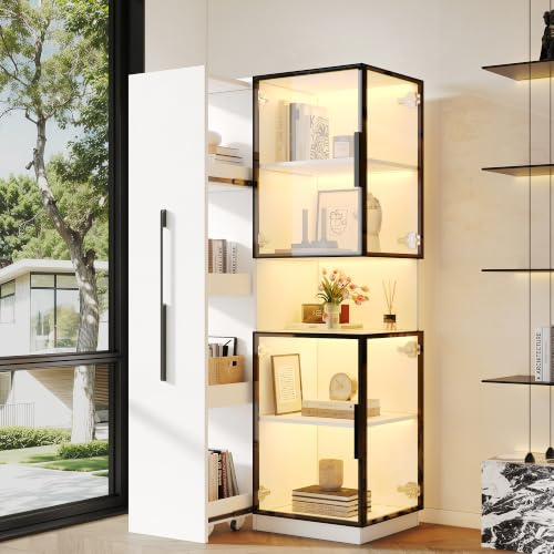 BTM Glasvitrine mit LED Beleuchtung und Ausziehbar Regal, Vitrinenschrank Stehend Esszimmer/Wohnzimmer Standvitrine, Weiß