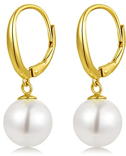 jiamiaoi 18Kt Weißgold plattiert Perlenohrringe Silber 925 Hängend, Perlen Ohrringe Damen Perlen Ohrhänger, Creolen mit Perle 8mm-10mm