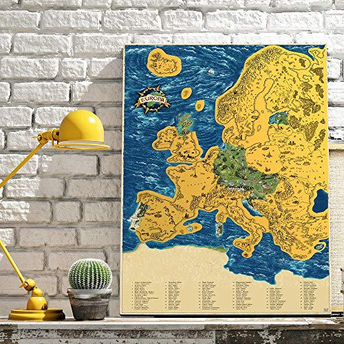 Rubbel Europa Karte Deluxe XL Natur - handgemalt mit Monumenten - 90x66cm - GOLD - Deluxe Landkarte Freirubbeln (Gold)