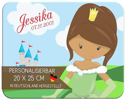 CreaDesign, Frühstücksbrettchen Kinder mit Namen personalisiert, Brettchen Kinder Kunststoff Prinzessin, Antirutsch-Noppen, Größe 20 x 25 cm
