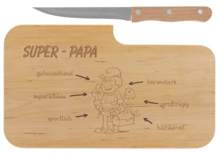 LASERHELD | Brotzeitbrett Holz mit Gravur “Super-Papa” & Messer | 26 x 15 cm | Frühstücksbrettchen Holz Schneidebrett Jausenbrett | Geschenk für Männer Papa Vatertag