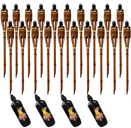 20x Bambusfackeln Fackel Deluxe 90 cm dunkelbraun + 4x 1000ml Lampenöl Gartenfackel Ölfackeln Garten Deko Öllampe Wegleuchte