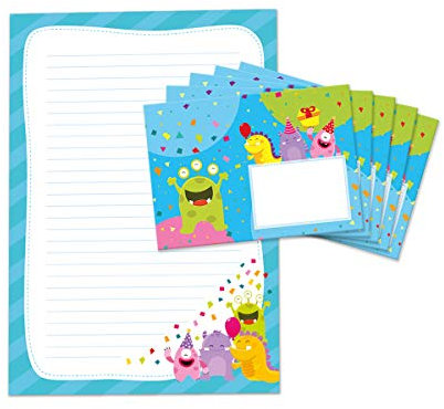 Briefblock mit Umschlag für Kinder lustige Monster Briefpapier-Set (Block A4 mit 25 Blätter + 15 Umschläge)