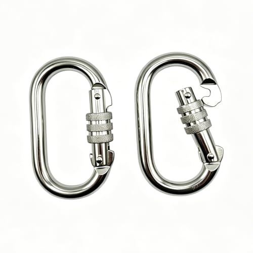Ncheli 2 Pz Moschettone Chiusura a Vite Carico Pesante 25kN (max. 2550kg), Acciaio Zincato Forma-O Moschettone Antiscivolo per Amaca Arrampicata Altalena Campeggio (Argento)