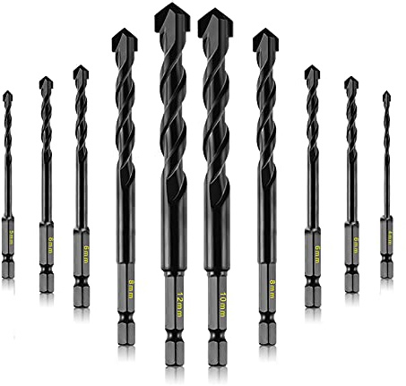 10-Piece Masonry Drill Bits Kit for Concrete, Stone, Carbide Drill Bit Set for Glass, Brick, Tile, Plastic, Ceramic and Wood Size 4 to 12 mm