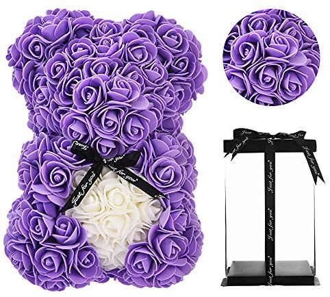 Geschenke für Mama, Geburtstagsgeschenk für Frauen, Valentinstagsgeschenk, Bär, Rose Teddybär in Einer Geschenkbox, vollständig zusammengebaute Geschenkbox, Hochzeit und Jubiläum… (lila)