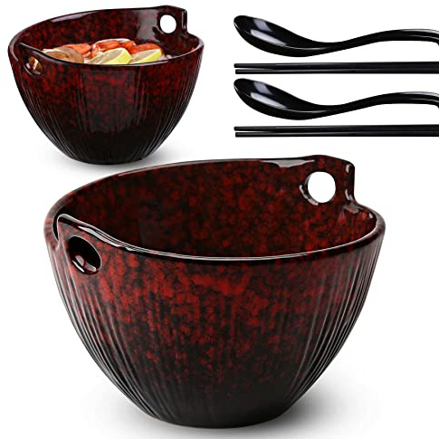 JH JIEMEI HOME Ramen Bowl with Chopsticks and Spoons, Ceramic Set of 2, Dishwasher Safe for Pho Udon Soba Noodle Salad Pasta, Special Reactive Glazed Crimson Bowls Set