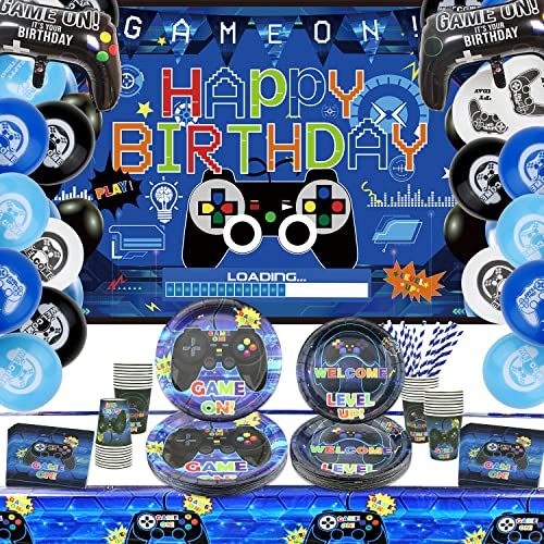 Ywediim Videospiel Party Zubehör – Gamer-Geburtstags-Deko-Set für Jungen,Einschließlich Happy Birthday Hintergrund ,Teller, Luftballons, Tassen, Servietten, Tischdecken (für 20 Personen)