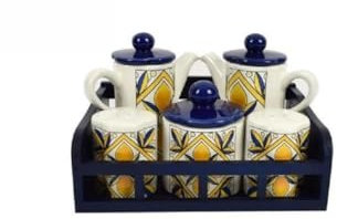 OISE ART STORE Trade Shop - Set 5 Pz Menage in Ceramica Decorata Fantasia Maiolica con Espositore Supporto