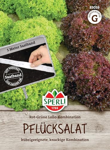 Sperli Pflücksalatsamen Rot-Grüne Lollo-Kombination, Saatband 83039 für 5 lfd. Meter - einfaches Saatband, kübelgeeignete, knackige Pflanzen, dekorative Sorten, Salat Pflanzen