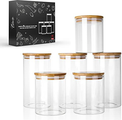 LIBWYS Lot de 6 bocaux de rangement en verre avec couvercles en bambou hermétiques - 2 tailles : 800 ml, 1200 ml - Pour armoire de cuisine/lave-vaisselle - 6 l