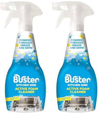 Buster Active Foam Kitchen and Bathroom Cleaner Spray (Pack of 2 x 500ml) Removes Limescale, Stains and Odours, Kitchen and Bathroom Descaler Foam Spray for Sinks, Plugholes and Drains - Made in UK