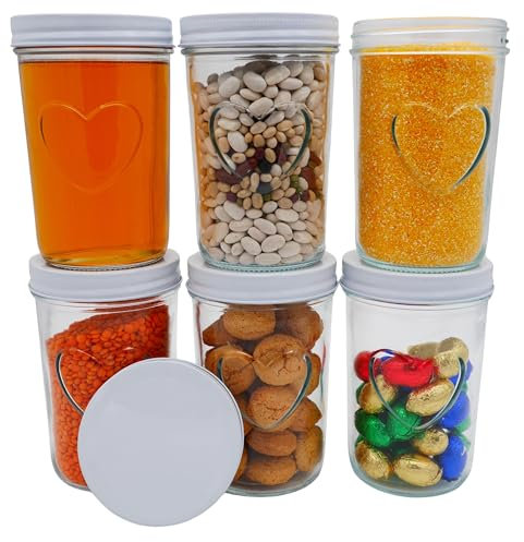 megusta! 6 barattoli per conserve | 500 ml | con cuore in vetro | coperchio bianco | barattoli per marmellata, sottaceti, dolci | cottura + congelamento