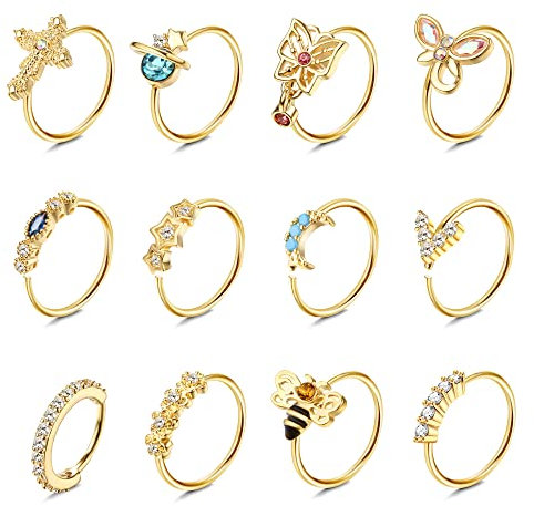 Dochais 12 Stück Nasenring Edelstahl, Nasenpiercing, Hoop Nose Ring, Helix Set, Daith, Hoop Ohrringe Septum, Schmetterling Biene Mond für Damen Männer Gold 8mm 20G