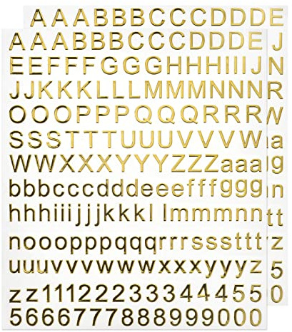 sourcing map 2 Blätter Nummern Buchstaben Aufkleber, 7mm Stereo Selbstklebende Buchstaben Zahlen Kit für Postfach,Schilder,Adressnummer,DIY Scrapbooking, Gold