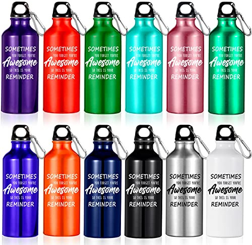 Hoolerry 12 Pack Multi Color Aluminum Water Bottle Sometimes You Forget You're Awesome Lightweight Reusable Bike Backpacking Water Bottles Bulk with Buckle and Twist Cap for Travel Sport(20 Oz)