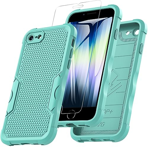 Hülle für iPhone SE 2020, iPhone SE 2022, iPhone 8/7, Stoßfest Robuste Hülle mit 9H Displayschutz Glas Fallschutz Handyhülle, iPhone SE 2020 TPU Outdoor Hülle mit Kameraschutz