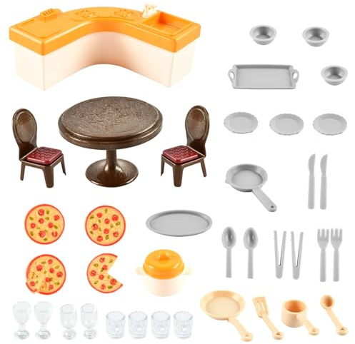 Miniatur Puppenhaus Set, 38 Stück Puppenhaus Zubehör, Puppenhaus Möbel, Miniatur Lebensmittel Spielzeug, Miniatur kinderküche, Wichtel Tisch und Stühle, Miniatur Puppenhaus Zubehör, Wichtel Backset