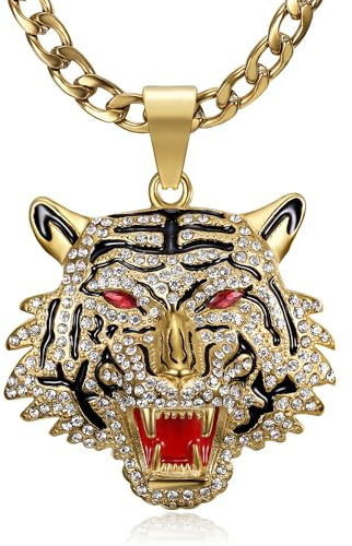 CJiePeiC CZ Fully Roaring Tiger Head With Red Eyes Pendant Punk Rock Stainless Steel Necklace, 24 Inch 7mm Chain For Men Hip Hop Animal Jewelry-I'm the King