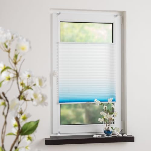 Bedrucktes Klemmfix-Plissee mit Farbverlauf, Lichtschutz, Sichtschutz, verspannt, ohne Bohren oder Schrauben, Breite: 120 cm/Länge: 130 cm, azurblau