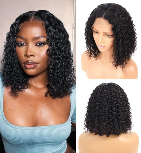 Human Hair Wig 13×4 Lace Wig Deep Wave Curly Short Bob Lace Front Wig Human Hair Wigs Brazilian Virgin Hair 150% Density Natural Colour 10 Inches(25cm) Mänskligt hår peruk