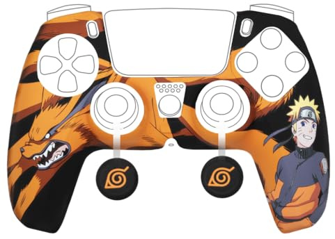 Konix Naruto Shippuden Schutzhülle für DualSense PS5 Controller - Silikon - Daumenstützen - Kurama/Kyûbi und Naruto Motiv - Schwarz