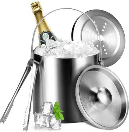 MUUKAIII Edelstahl Eisbehälter 3L mit luftdichtem Deckel,Sieb und Eiszange,Eiswürfelbehälter doppelwandiger, isolierter Eiseimer Bier Champagner Kühler Eiskübel Wein,Geeignet für Picknicks und Partys