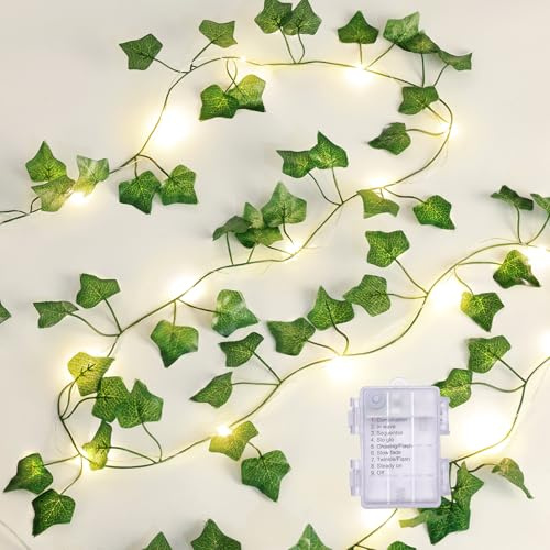 JOHUNT Artificial Ivy Vines with Lights Fake Vines with Fairy Lights Green Maple Leaves Vines 6.5Ft 20 LED String Lights for Bedroom Room Decor 2 Pack Warm White(FY2)
