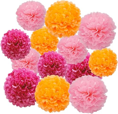 12 Stück papier Pompons Set,Rosa hellrosa orange Pom Poms Papier für Hochzeit,Geburtstag,Party- 30,5 cm, 25,4 cm