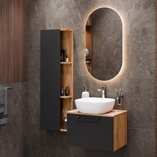 Planetmöbel Astra - Set di mobili da bagno con lavabo da 60 cm, con 1 armadietto laterale, color oro, rovere antracite, 42 cm, bianco