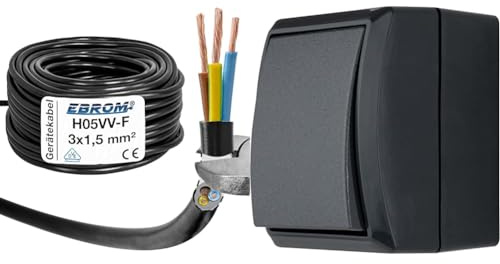 Schlauchleitung Gerätekabel H05VV-F 3G1,5 mm² - 3x1,5 mm² & REV 0007301900 AquaForm, Ausschalter - Wechselschalter Feuchtraum IP44, Aufputz, anthrazit